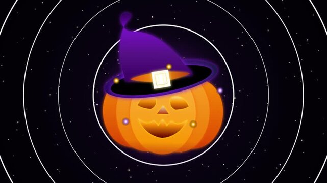 Cartoon halloween pumpkin wearing a purple witch hat on an abstract space background