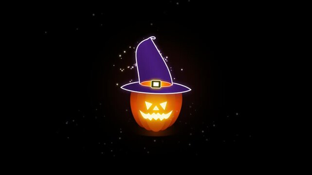 Glowing Halloween jackolantern pumpkin wearing a purple witch hat illustration