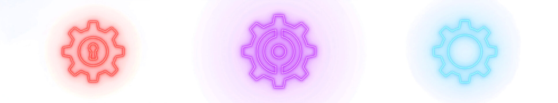 Set of three neon glowing gear icons in different colors isolated on transparent background