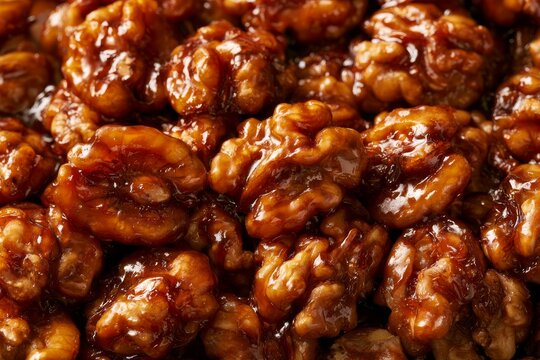 Walnuts cooked in a sweet syrup at a market stall during a local event in the afternoon