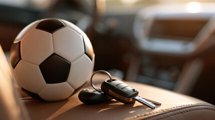 Close-up of a soccer ball and car keys inside a vehicle, sports travel, journey to stadium, fan lifestyle, transportation, with copy space