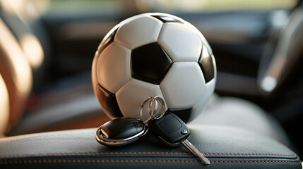 Close-up of a soccer ball and car keys inside a vehicle, sports travel, journey to stadium, fan lifestyle, transportation, with copy space