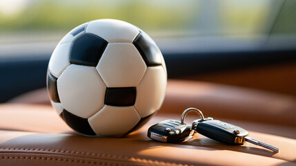 Close-up of a soccer ball and car keys inside a vehicle, sports travel, journey to stadium, fan lifestyle, transportation, with copy space