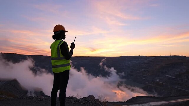 Female mining engineer holding walkie talkie at open pit mine during sunset