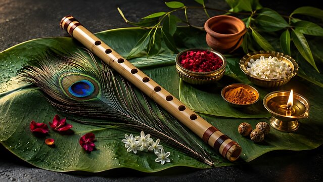 Traditional bamboo flute with peacock feather and glowing oil lamp on banana leaf for indian worship festival ritual and spiritual celebration