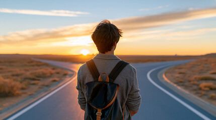 Fototapeta premium Rear view of a traveler standing at a fork in the road at sunset, life choices, decision making, journey, adventure concept, with copy space