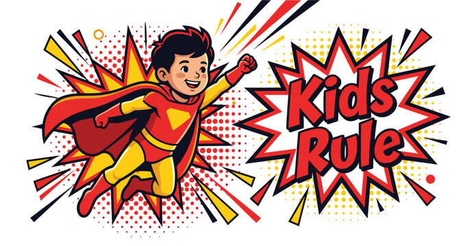 Superhero Boy Flying with Kids Rule Text in Comic Book Style