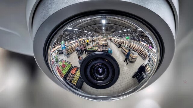 Surveillance camera monitoring grocery store interior. CCTV lens reflecting shoppers and aisles in modern supermarket. Lockdown shot.