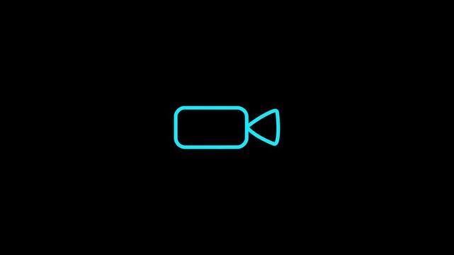 Blue video camera recording line icon animation with flashing red dot loop on black background for media interface overlay.