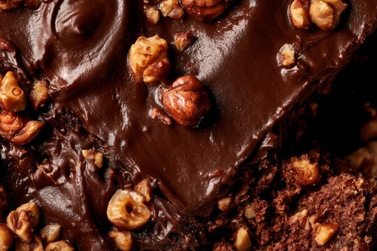 Chocolate dessert with nuts on top served on a plate in a kitchen setting during daytime