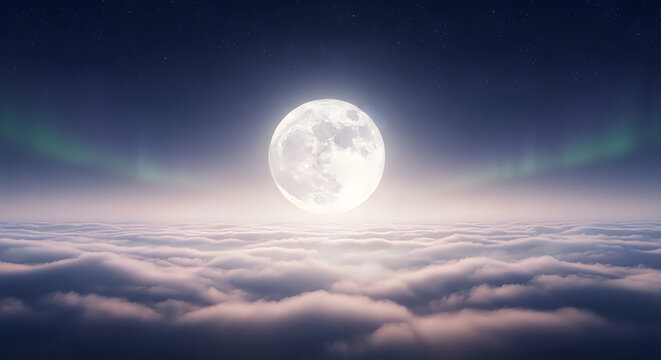 A beautiful glowing full moon shining brightly above a sea of clouds during the mid autumn festival night
