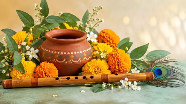 Close up view of traditional clay pot with butter, bamboo flute, vibrant marigold flowers, and peacock feather on table.
