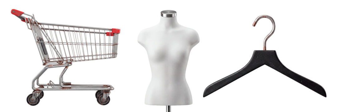 Set of retail store equipment isolated on a transparent or white background. Metal shopping cart, female display mannequin and wooden clothes hanger for fashion boutique.