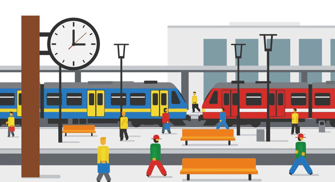 Commuters at train station platform with trains and clock