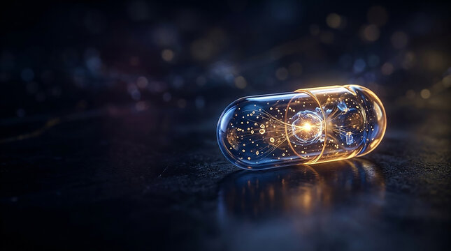 Macro shot of a glowing medical pill capsule on a dark reflective surface