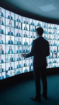 Corporate leader gesturing toward large video wall during virtual conference. Global business communication and digital connectivity concept. Lockdown shot.