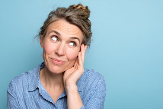 Curious middle-aged woman listening to a secret. Female person eavesdropping on a conversation with hand to ear on a blue background with copy space