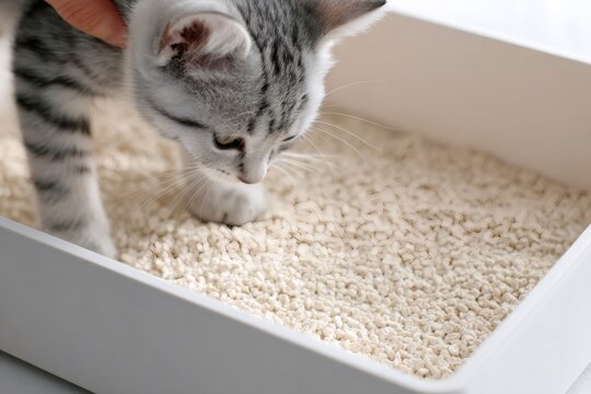 A small tabby kitten learning to use a white litter box. Pet care and house training a new young cat. Close-up of a cute feline exploring its toilet
