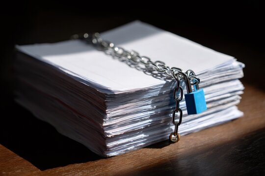 Stack of documents secured with a chain and padlock. Data protection and information security concept. Confidential papers locked for privacy