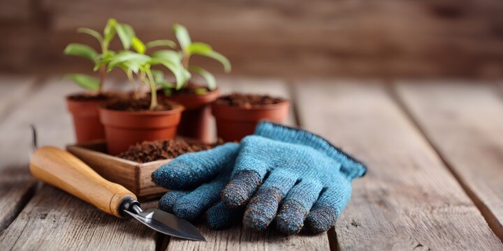 Blue gardening gloves and trowel with seedlings. Horticulture tools on rustic wooden background. Spring garden concept