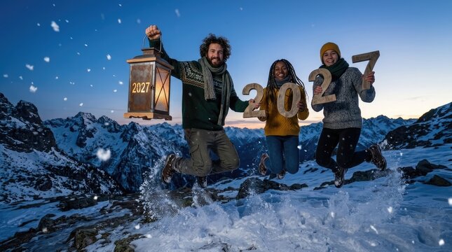 Winter epoch leap: New Year, happy emotion, date 2027, hold digit, wooden sign, lantern light, cold evening, mountain peak, group friend, high jump, active lifestyle, snow ridge.