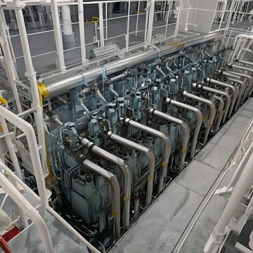 Industrial marine diesel engine room and complex piping system in a cargo vessel