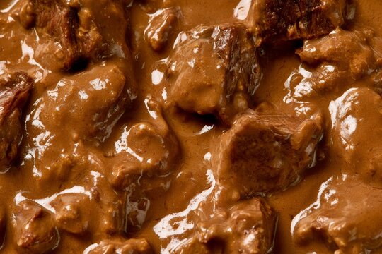 Rich beef stew with a thick sauce being prepared in a kitchen setting during daytime hours