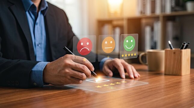 Man in suit using stylus on virtual customer satisfaction review panel at wooden desk with businessman