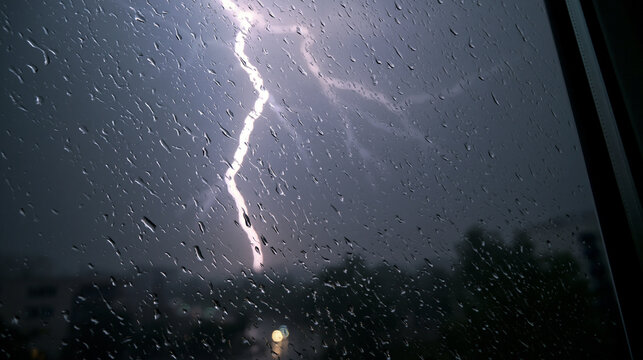 Lightning bolt flash during rainstorm with blurred city lights