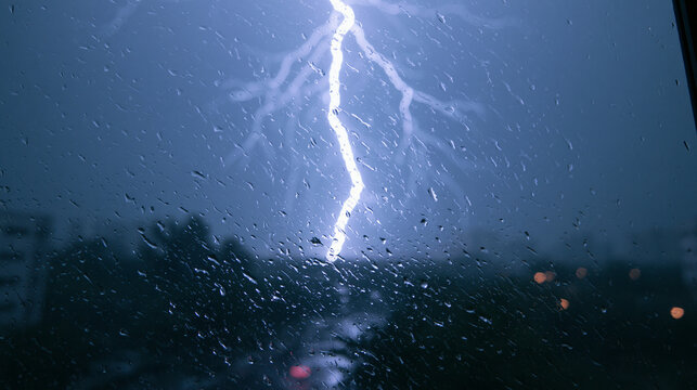 Forked lightning bolt during rainstorm with silhouetted trees