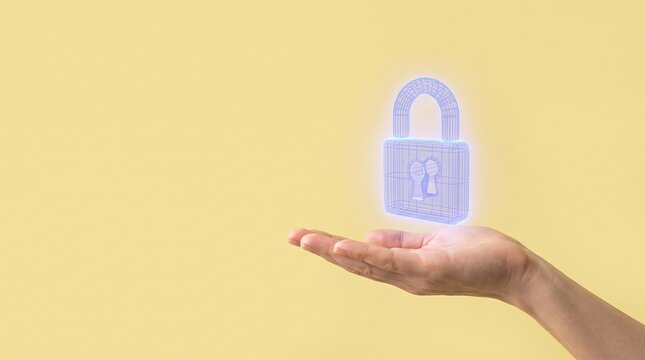 Human hand holding a glowing purple padlock icon representing digital security privacy protection and data safety on yellow background