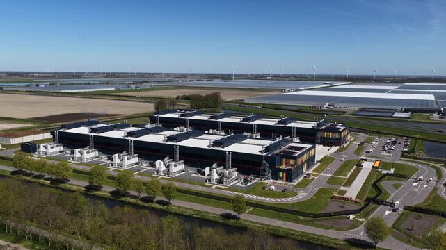 Aerial view of large scale redundant data center infrastructure