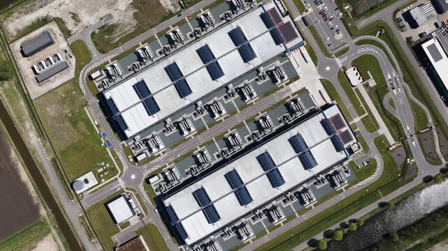 Aerial view of large scale redundant data center infrastructure