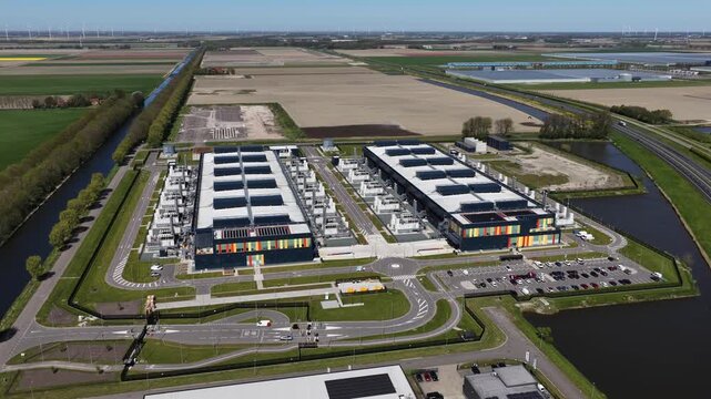 Aerial view of large scale redundant data center infrastructure