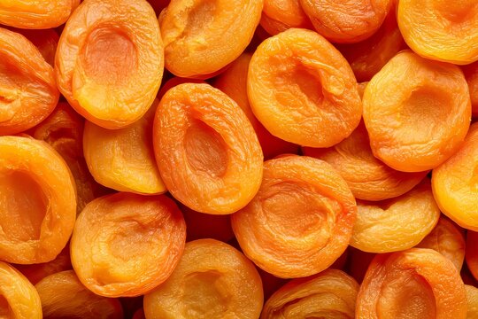Dried apricots displayed in a close-up view in a market setting during daytime