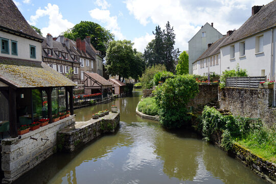 Riverside houses and gardens along the Eure river in old Chartres, France