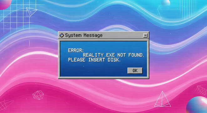 A nostalgic computer system error message displaying 'REALITY.EXE NOT FOUND' on a vibrant retro gradient background with geometric shapes, evoking a digital simulation concept