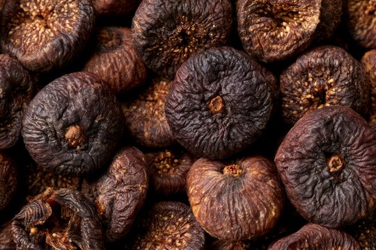 Dried figs arranged in a close view showing their wrinkled texture and deep color