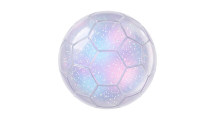 Fototapeta premium Holographic soccer ball with iridescent glitter, glowing sports equipment on white background, pastel crystal football