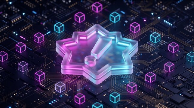 Abstract star shape glowing in neon blue and pink colors with many small cubes on a dark digital circuit board