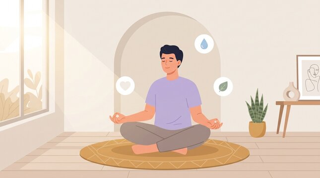 Young man sitting in a peaceful lotus position meditating in a bright cozy living room with zen nature icons