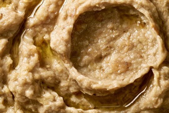 Homemade eggplant dip served in a bowl with olive oil drizzle for a light meal