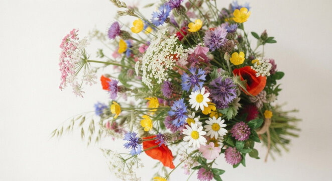 Nahaufnahme eines leuchtend bunten Wiesenblumenstrau&szlig;es auf schlichtem wei&szlig;em Hintergrund &ndash; Makroaufnahme