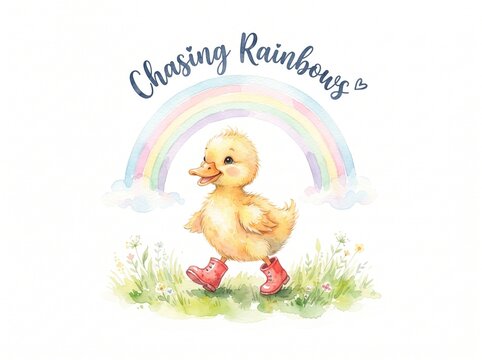 Cute baby duck wearing pink rain boots walking in the grass with a rainbow illustration and text overlay