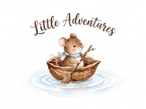 Cute little mouse sailing in a walnut shell boat with a tiny wooden oar and text that says little adventures