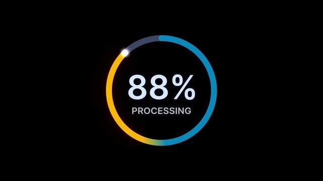 Animation of a circular processing ring zero to ninety five percent overlay on a black background. Digital dashboard UI element, data calculation and system software update concept.