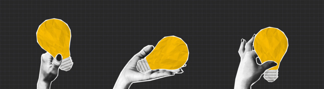 Collage halftone hands holding light bulb made from crumpled paper texture. People give yellow light bulb in hand. Collage design, concept of business idea, startup and innovation. Vector