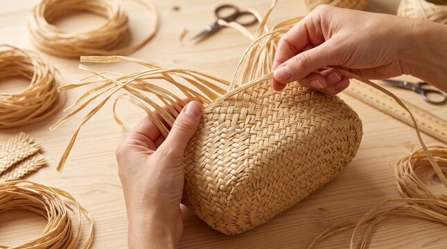 Hands weaving a natural straw basket from fine raffia strips on a wooden worktable, highlighting traditional craftsmanship, handmade production, artisanal work and natural materials