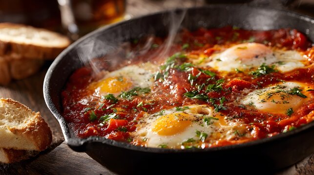 Steaming hot shakshuka with eggs poached in rich tomato sauce in a cast iron skillet
