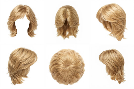 Blonde wig with layered haircut multiple angles shown on white background with realistic golden hair texture for beauty salon catalog, wig shop display, and 3D character design